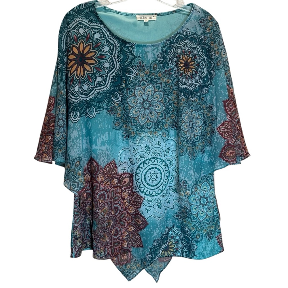 Indigo Soul Teal & Purple Mandala Print Boho Flowy Layered Tunic - Medium